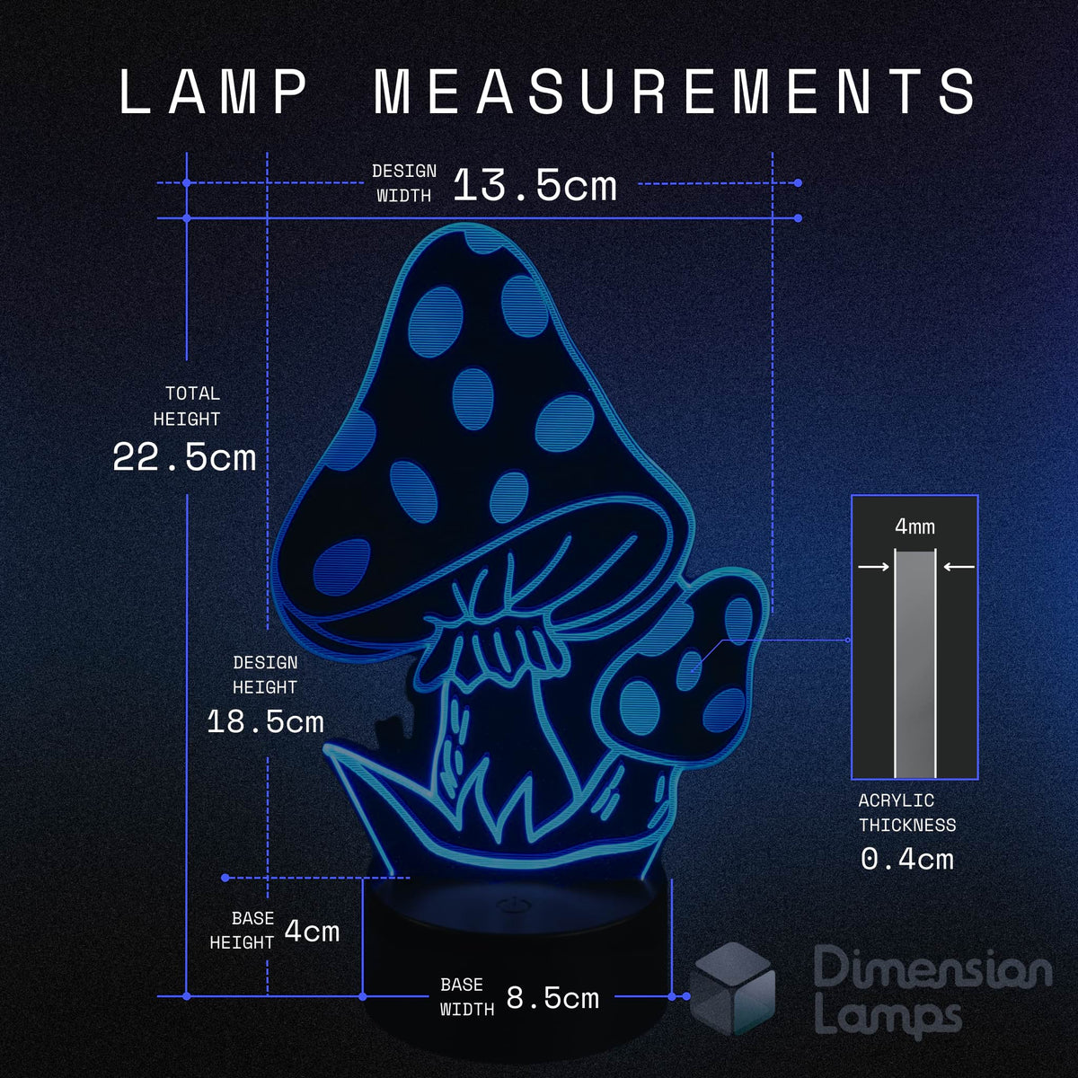 Mushroom-shaped night light lamp with measurements on a dark background