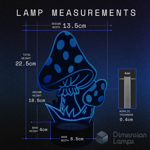 Mushroom-shaped night light lamp with measurements on a dark background