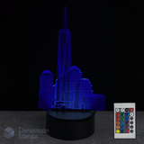 3D One World Trade Center cityscape lamp with remote control on a dark background