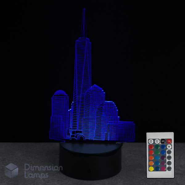 3D One World Trade Center cityscape lamp with remote control on a dark background