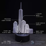 3D One World Trade Center cityscape lamp with features highlighted on a black background