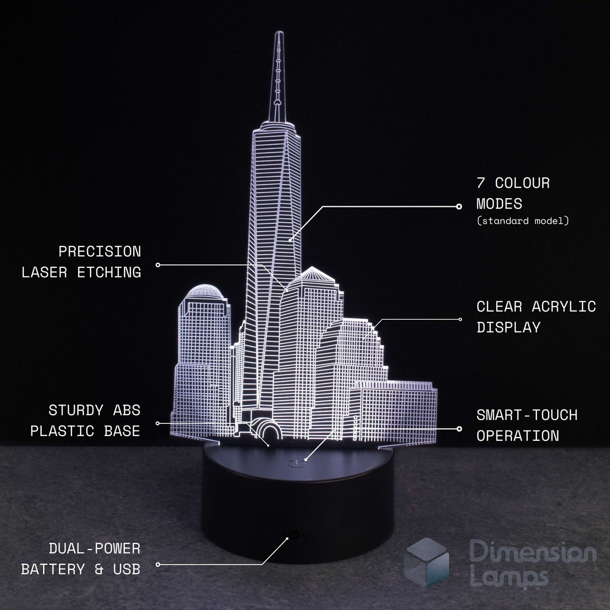 3D One World Trade Center cityscape lamp with features highlighted on a black background