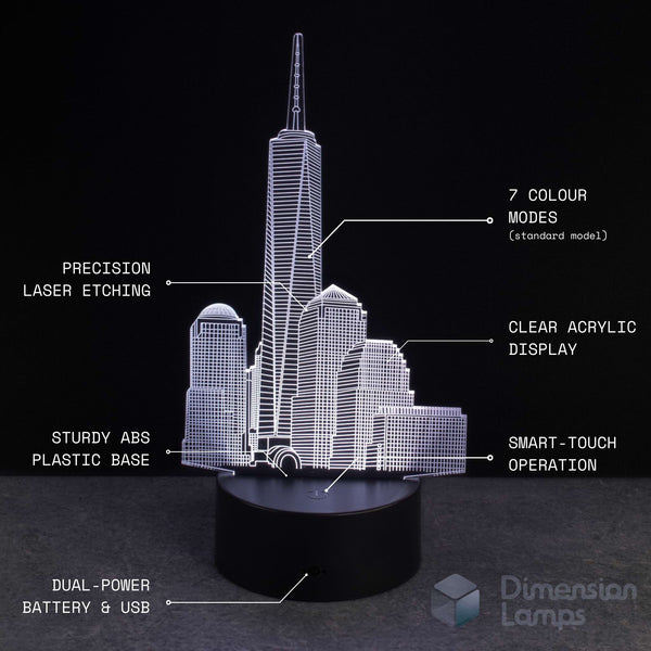 3D One World Trade Center cityscape lamp with features highlighted on a black background