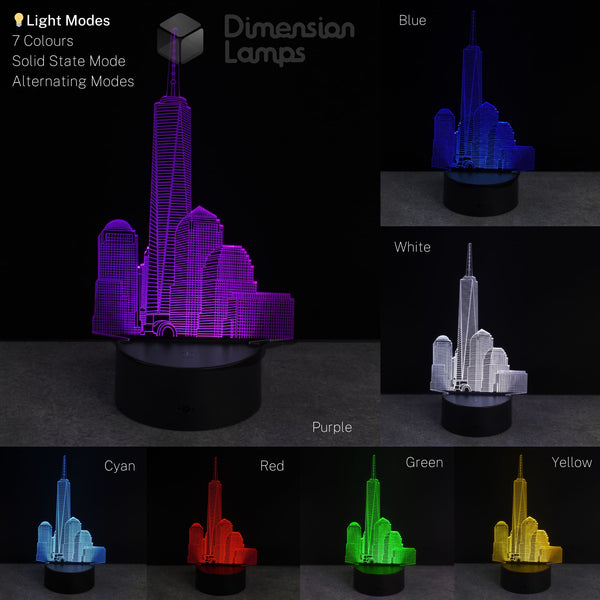 Colour-changing lamp with One World Trade Center cityscape design on a black background