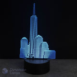 3D One World Trade Center cityscape lamp with a tall tower on a black background