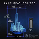 Measurement chart of One World Trade Center  cityscape lamp with dimensions on a dark background