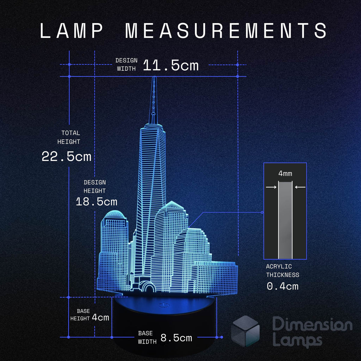 Measurement chart of One World Trade Center  cityscape lamp with dimensions on a dark background
