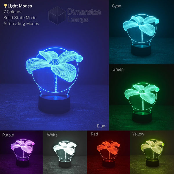 A collection of images displaying the Ornamental Flower 3D lamp in various illuminating hues.
