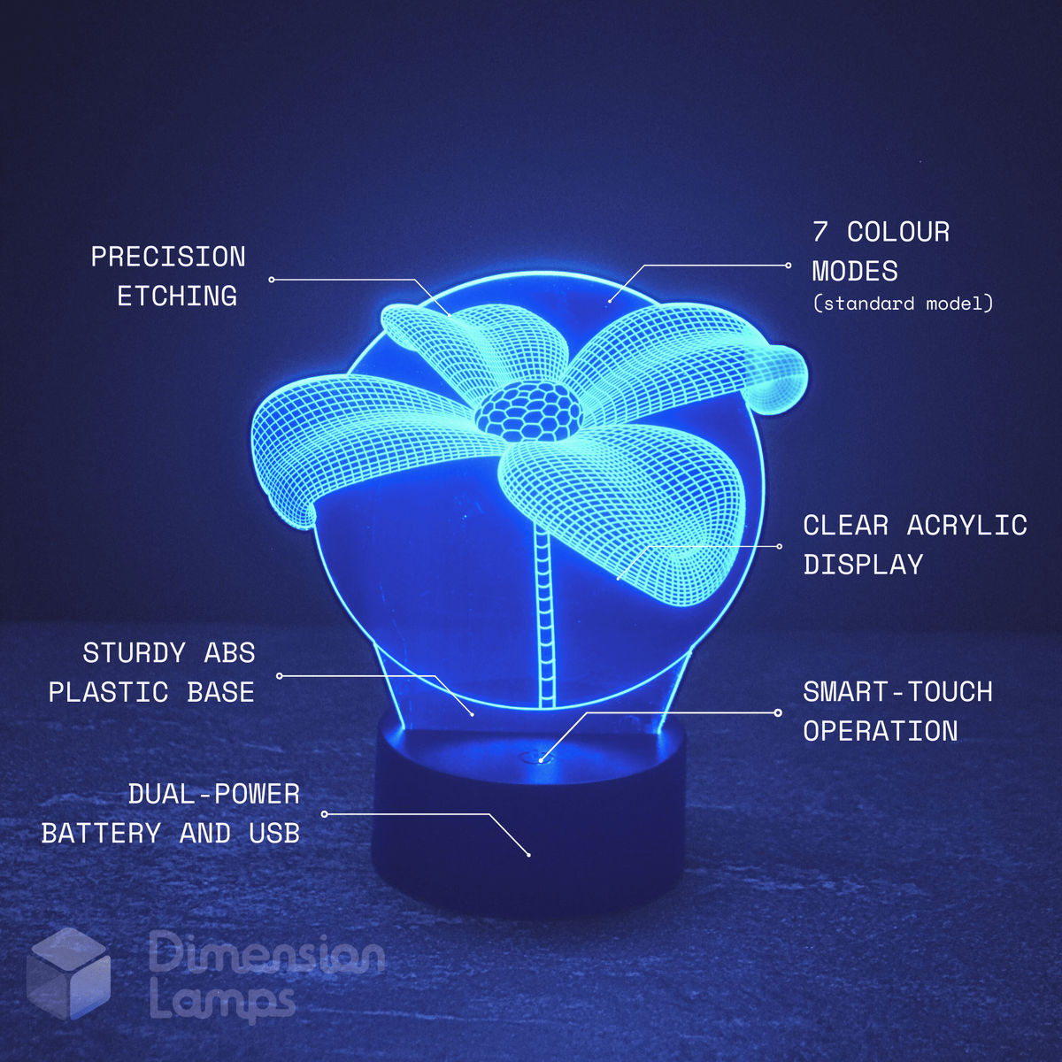 Key features of the Daisy Flower 3D lamp: 7 colour settings, detailed laser design, clear display, simple touch operation, and convenient dual power source.