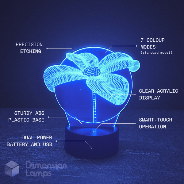 Key features of the Daisy Flower 3D lamp: 7 colour settings, detailed laser design, clear display, simple touch operation, and convenient dual power source.