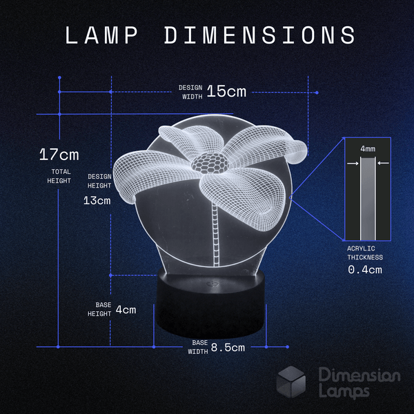 Ornamental Flower LED lamp measurements: 150mm design width, 170mm total height, 130mm design height, 4mm acrylic, 40mm base height, 85mm base width.