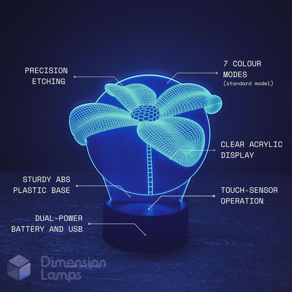 A 3D optical illusion LED night light shaped like a beautiful lilly type flower, glowing with a cyan-blue light on a dark base. The image features white text callouts pointing to various features such as 'precision etching', '7 colour modes', 'clear acrylic display', 'sturdy abs plastic base', 'touch‑sensor operation', and 'dual‑power battery and USB'.
