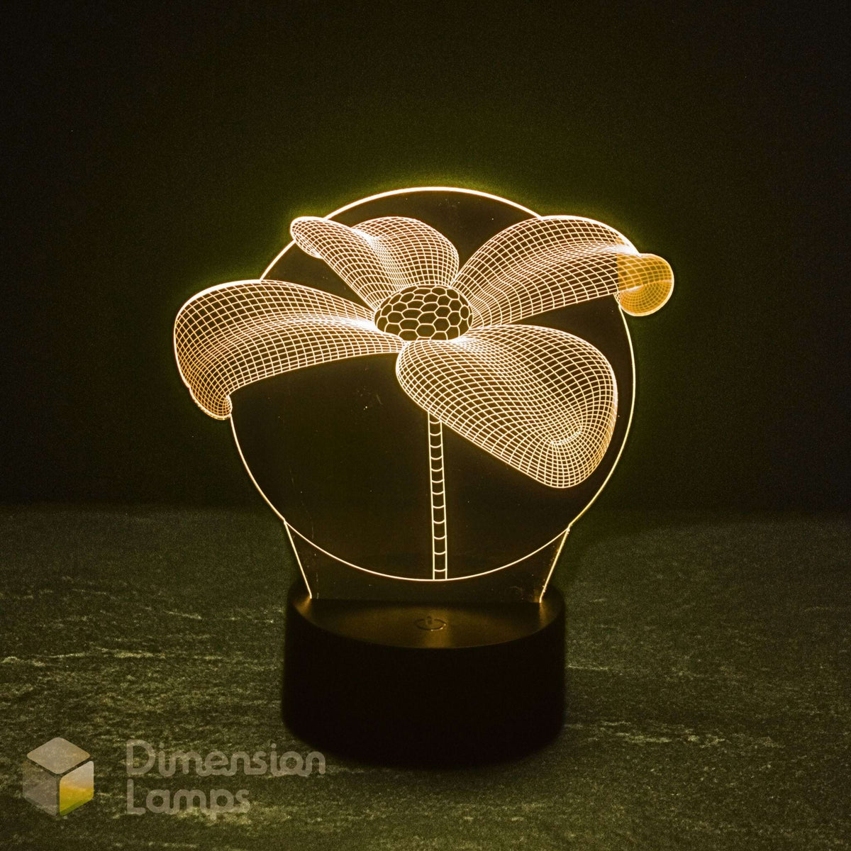 3D yellow illuminated lily flower illusion lamp on a dark background with Australian Dimension Lamps branding. Gift idea for flower lovers. 