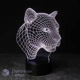 A 3D optical illusion lamp shaped like a panther head, glowing with white light lines on a black base against a dark background. Australian 'Dimension Lamps' watermark shown. Gift idea for big cat lovers.
