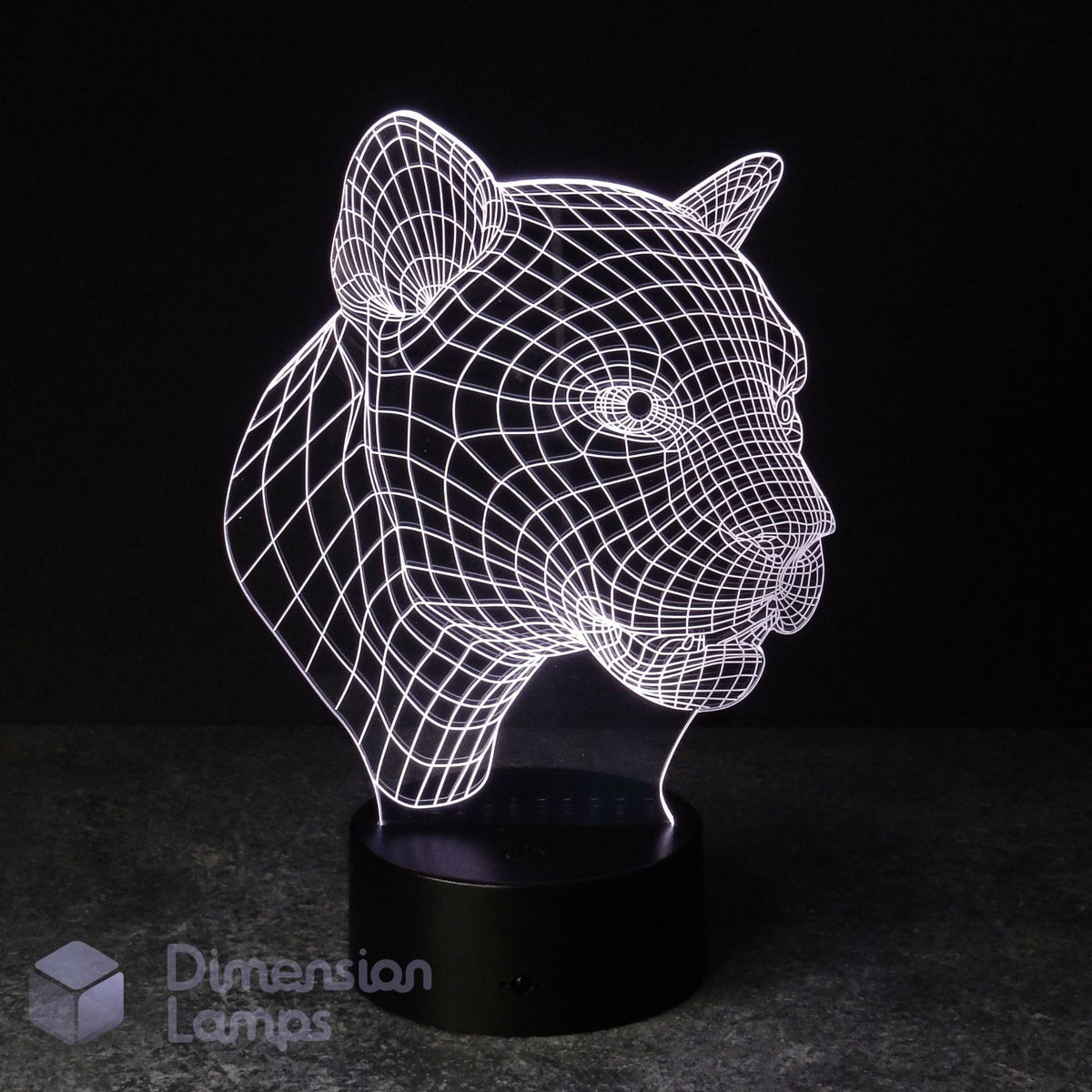 A 3D optical illusion lamp shaped like a panther head, glowing with white light lines on a black base against a dark background. Australian 'Dimension Lamps' watermark shown. Gift idea for big cat lovers.