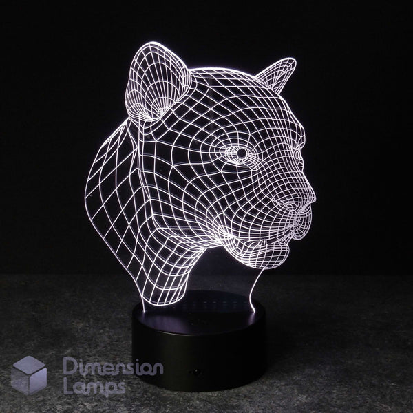 A 3D optical illusion lamp shaped like a panther head, glowing with white light lines on a black base against a dark background. Australian 'Dimension Lamps' watermark shown. Gift idea for big cat lovers.