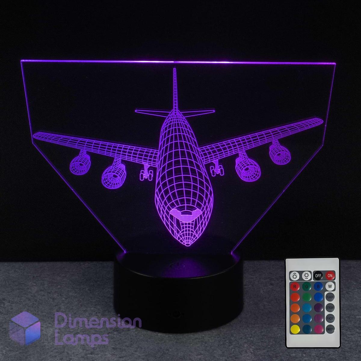3D 747 airplane-shaped LED lamp with remote control on a dark surface
