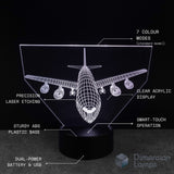 3D Airbus 380 airplane-shaped LED lamp with technical specifications on a black background