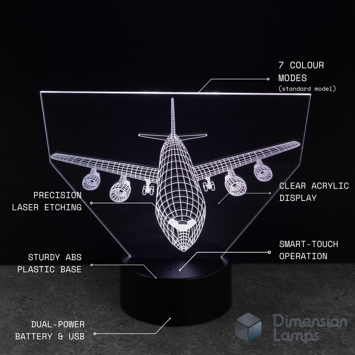 3D Airbus 380 airplane-shaped LED lamp with technical specifications on a black background