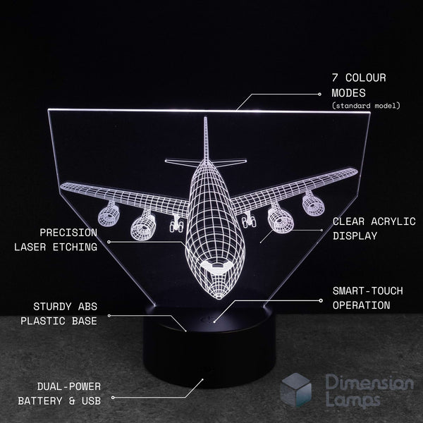 3D Airbus 380 airplane-shaped LED lamp with technical specifications on a black background