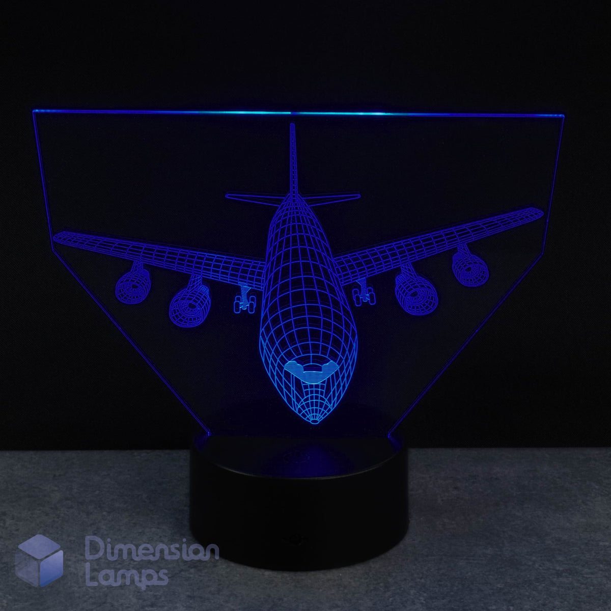 3D Airbus airplane shaped lamp with blue wireframe design on a black background