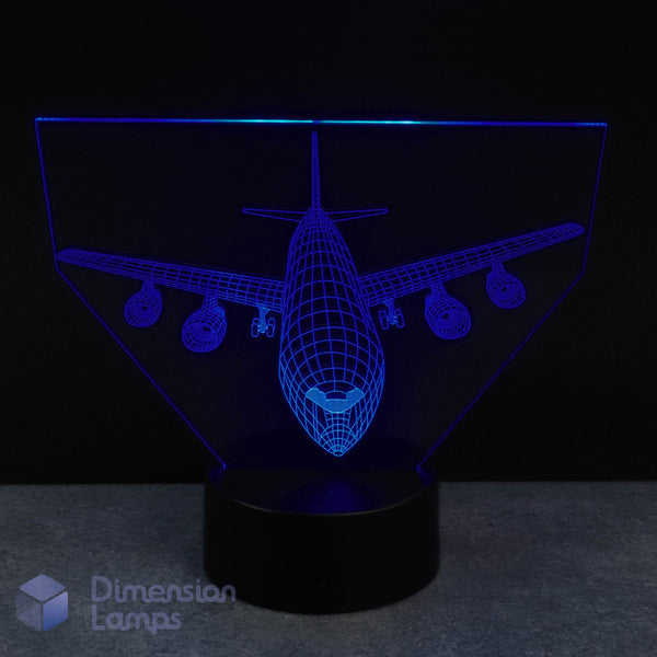 3D Airbus airplane shaped lamp with blue wireframe design on a black background