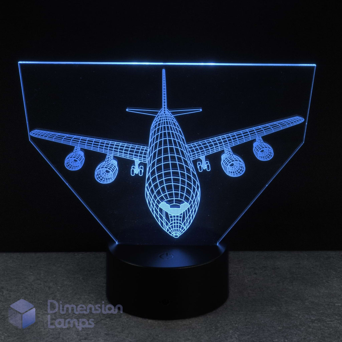 3D airplane-shaped LED lamp on a dark background. Gift idea for young aviators.