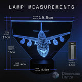 Measurement chart of a Boeing 747 Airbus 380 airplane-shaped lamp with dimensions on a dark background.