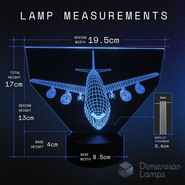 Measurement chart of a Boeing 747 Airbus 380 airplane-shaped lamp with dimensions on a dark background.