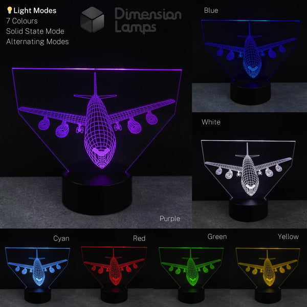 Boeing 747 Airplane LED lamp displaying various colours on a dark background.