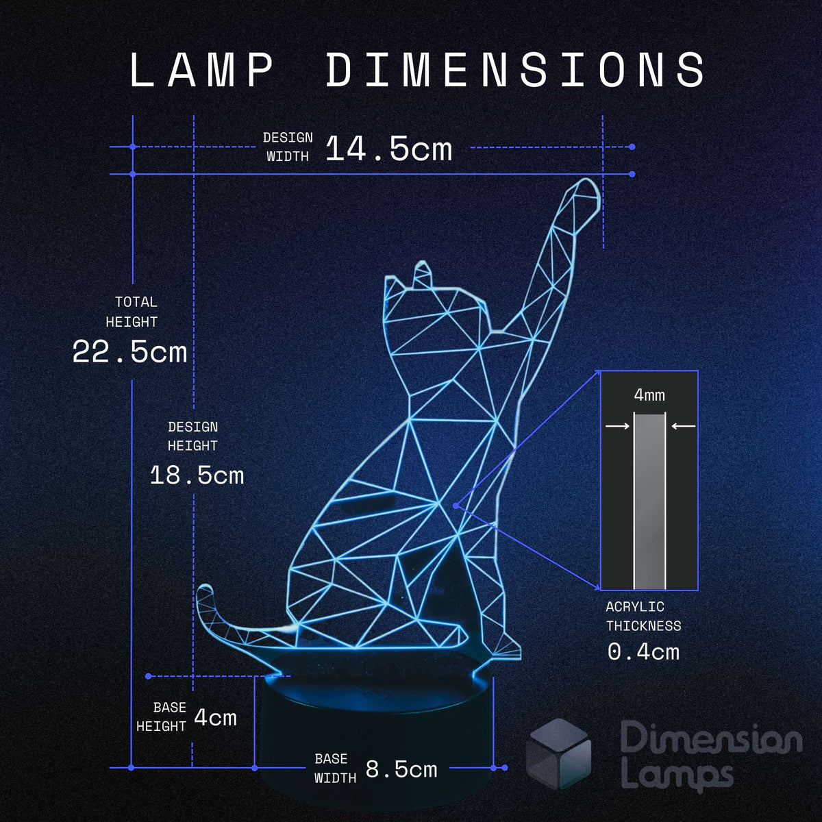 Pawing cat 3d night lamps dimensions: design width 14.5cm, total height 22.5cm, design height 18.5cm, acrylic thickness 0.4cm, base height 4cm, and base width 8.5cm. A thoughtful gift idea for cat lovers.
