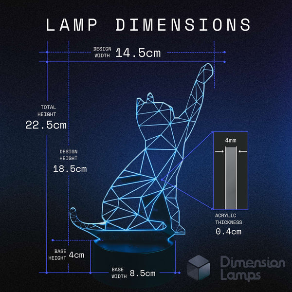 Pawing cat 3d night lamps dimensions: design width 14.5cm, total height 22.5cm, design height 18.5cm, acrylic thickness 0.4cm, base height 4cm, and base width 8.5cm. A thoughtful gift idea for cat lovers.
