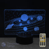 A 3D acrylic solar system night light glowing with blue light on a black base, shown with its remote control and a 'Dimension Lamps' logo watermark.