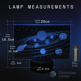 A dimension diagram showing a space lamp glowing blue solar-system design. Blue measurement lines and text indicate dimensions. Kids space gift. 