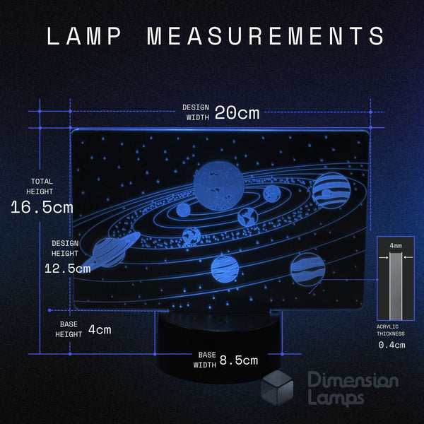 A dimension diagram showing a space lamp glowing blue solar-system design. Blue measurement lines and text indicate dimensions. Kids space gift. 