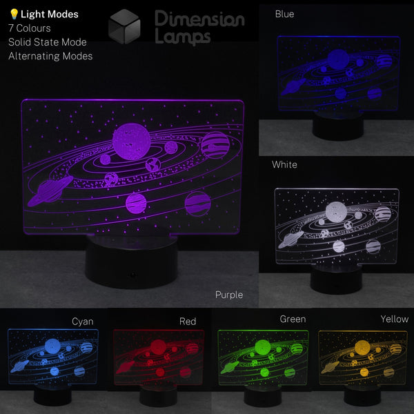 An LED solar system 3D illusion night light shown in multiple colour modes purple, blue, white, cyan, red, green, and yellow. Kids astronomy gift. 