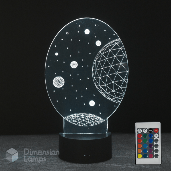 3D planets lamp with geometric design and remote control, space lovers kids gift.