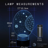 Lamp measurements diagram showing a glowing 3D celestial night light with dimensions labelled: design width 13.5cm, total height 22cm, design height 18cm, base height 4cm, and base width 8.5cm.