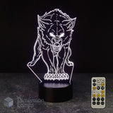 A 3D optical illusion night light featuring a glowing werewolf design on a black cylindrical base, shown with its remote control against a dark background.