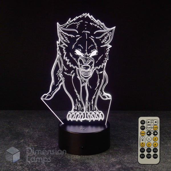 A 3D optical illusion night light featuring a glowing werewolf design on a black cylindrical base, shown with its remote control against a dark background.