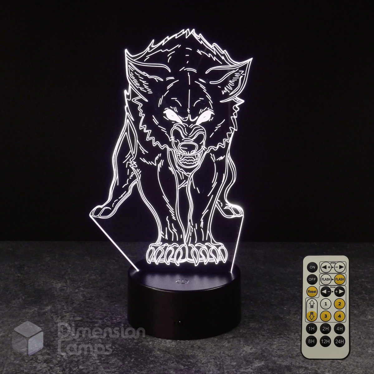 3D wolf lamp with remote control on a dark background