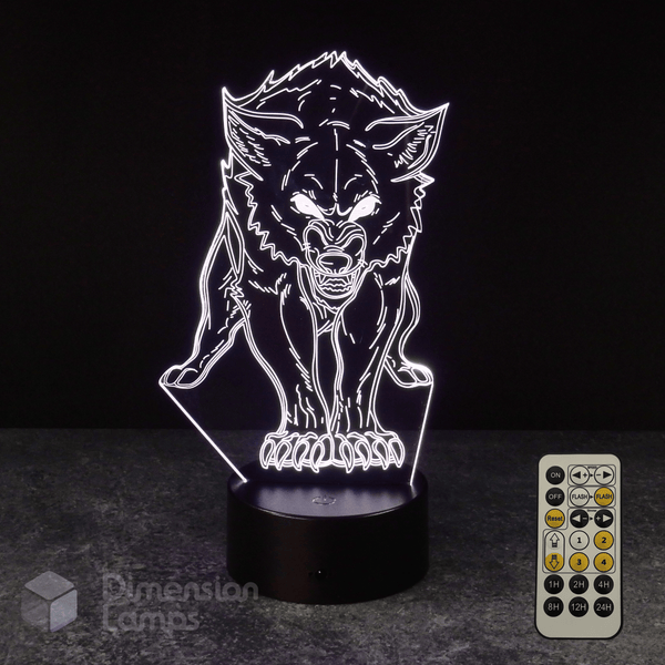 3D wolf lamp with remote control on a dark background