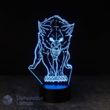 A 3D optical illusion lamp depicting a snarling wolf or hyena, glowing with bright blue light on a black base against a dark background. A 'Dimension Lamps' watermark is visible in the bottom-left corner.