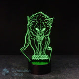 Detailed wolf 3D lamp: green faceted design of a wolf with glowing eyes and visible teeth, standing on a patterned base against a dark background. A cool gift for teens' room decor in Australia. 