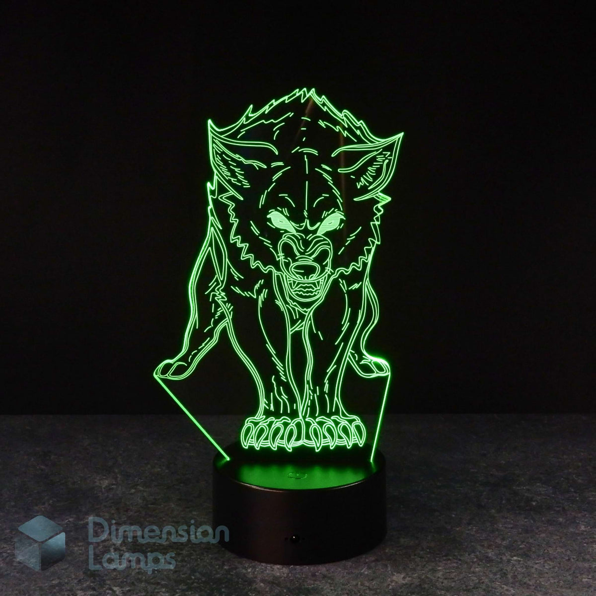 Detailed wolf 3D lamp: green faceted design of a wolf with glowing eyes and visible teeth, standing on a patterned base against a dark background. A cool gift for teens' room decor in Australia. 