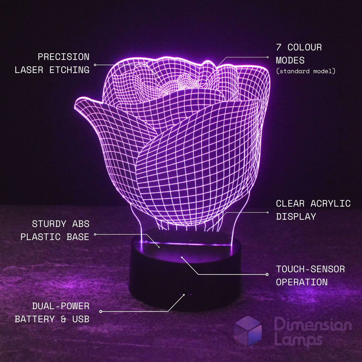 A 3D laser-etched rose-shaped LED night light glowing in purple, shown with white text callouts detailing its features such as 'Precision Laser Etching', '7 Colour Modes', 'Clear Acrylic Display', 'Sturdy ABS Plastic Base', 'Touch-Sensor Operation', and 'Dual Power Battery & USB'.
