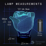 Lamp measurements diagram showing a glowing wireframe rose-shaped lamp on a black base, with dimensions labelled 18cm total height, 14.5cm design width, 14cm design height.
