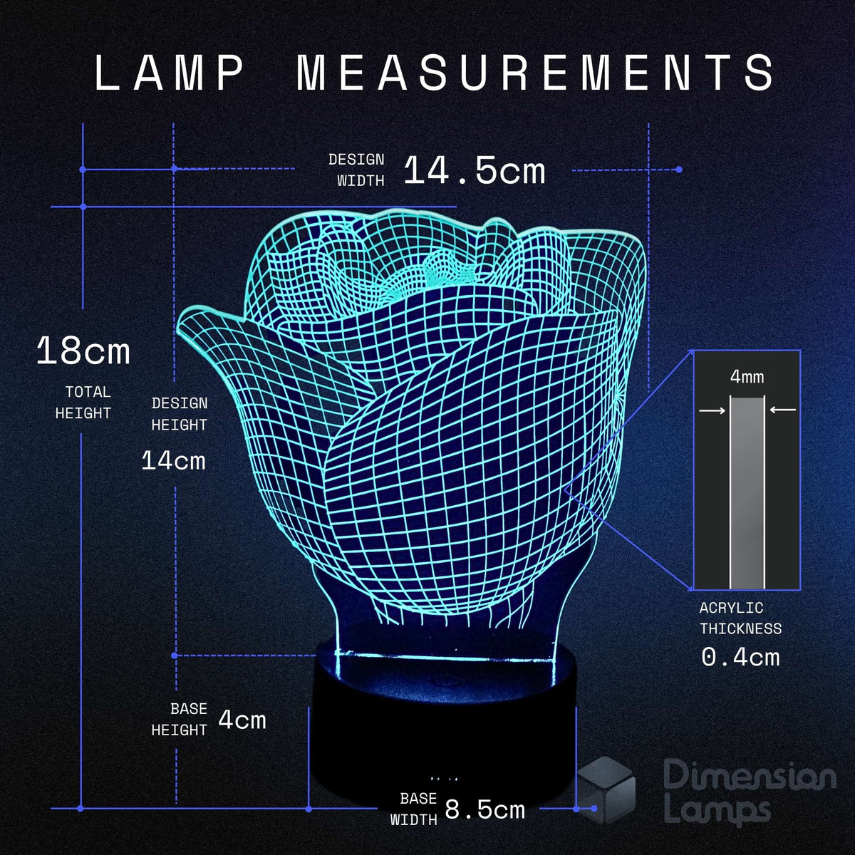 Lamp measurements diagram showing a glowing wireframe rose-shaped lamp on a black base, with dimensions labelled 18cm total height, 14.5cm design width, 14cm design height.