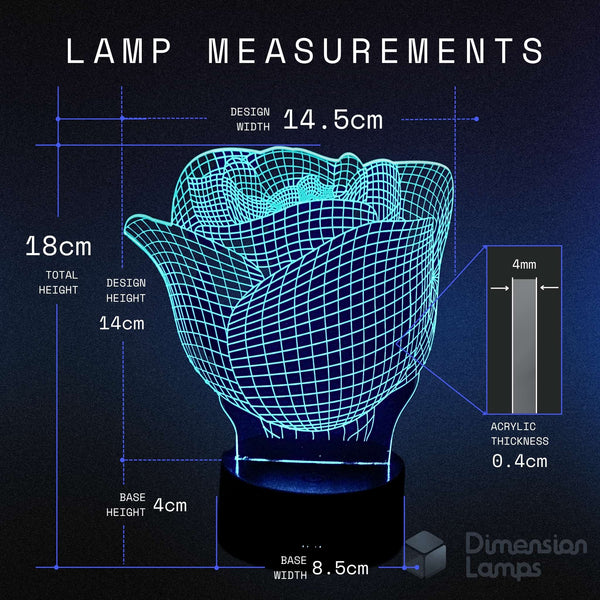 Lamp measurements diagram showing a glowing wireframe rose-shaped lamp on a black base, with dimensions labelled 18cm total height, 14.5cm design width, 14cm design height.