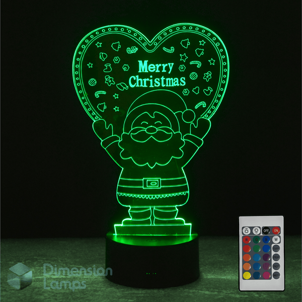 Heart-shaped Santa Claus LED lamp with a 16-colour remote control on a dark background.